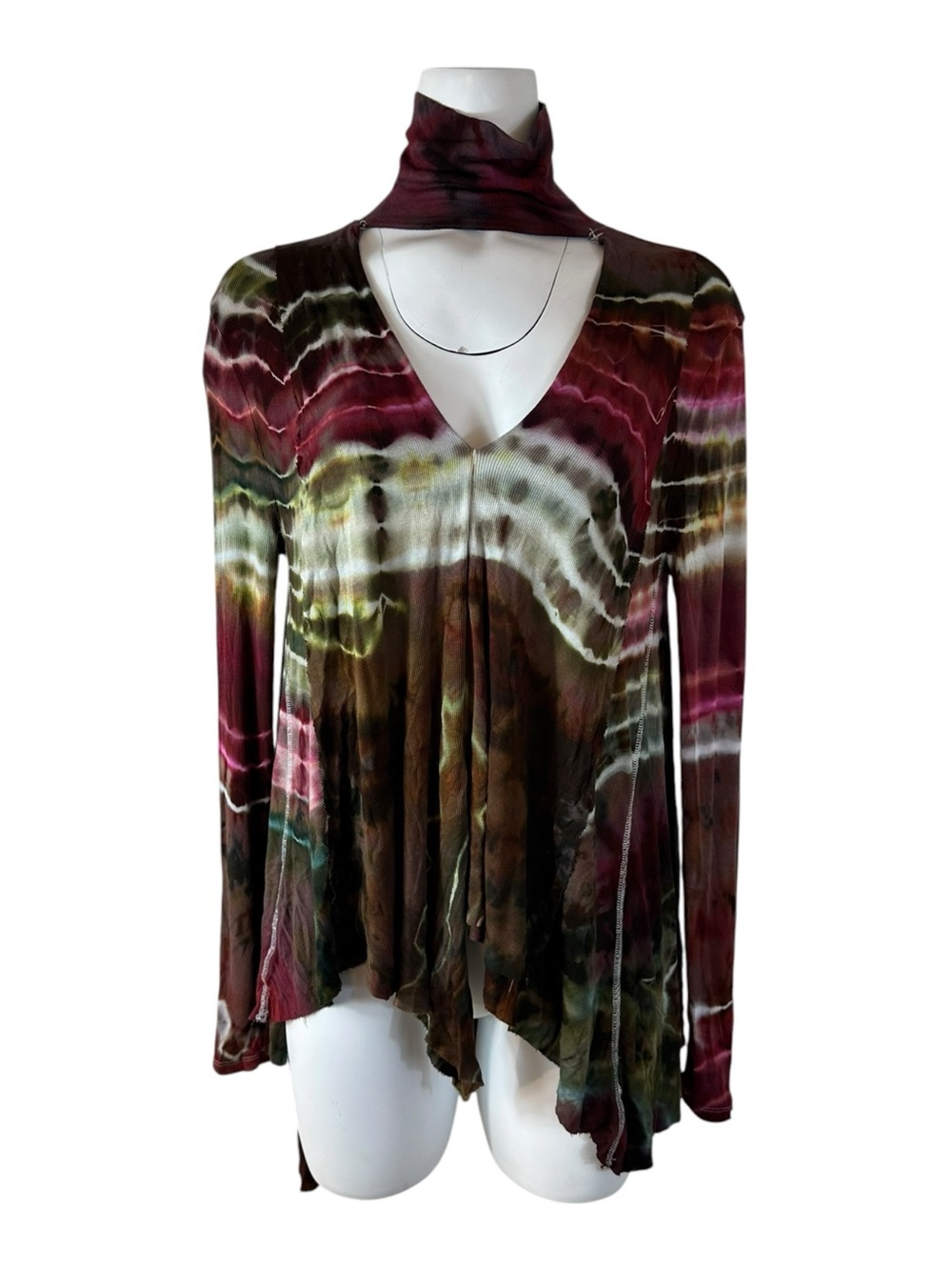 Free People Tie Dye Choker Neck Asymmetrical Hem Top Boho Long Sleeve S